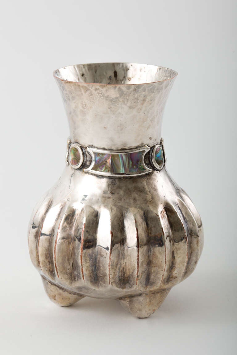 Mid-Century Modern Los Castillo Silver over Copper Hand-Wrought Melon Vase