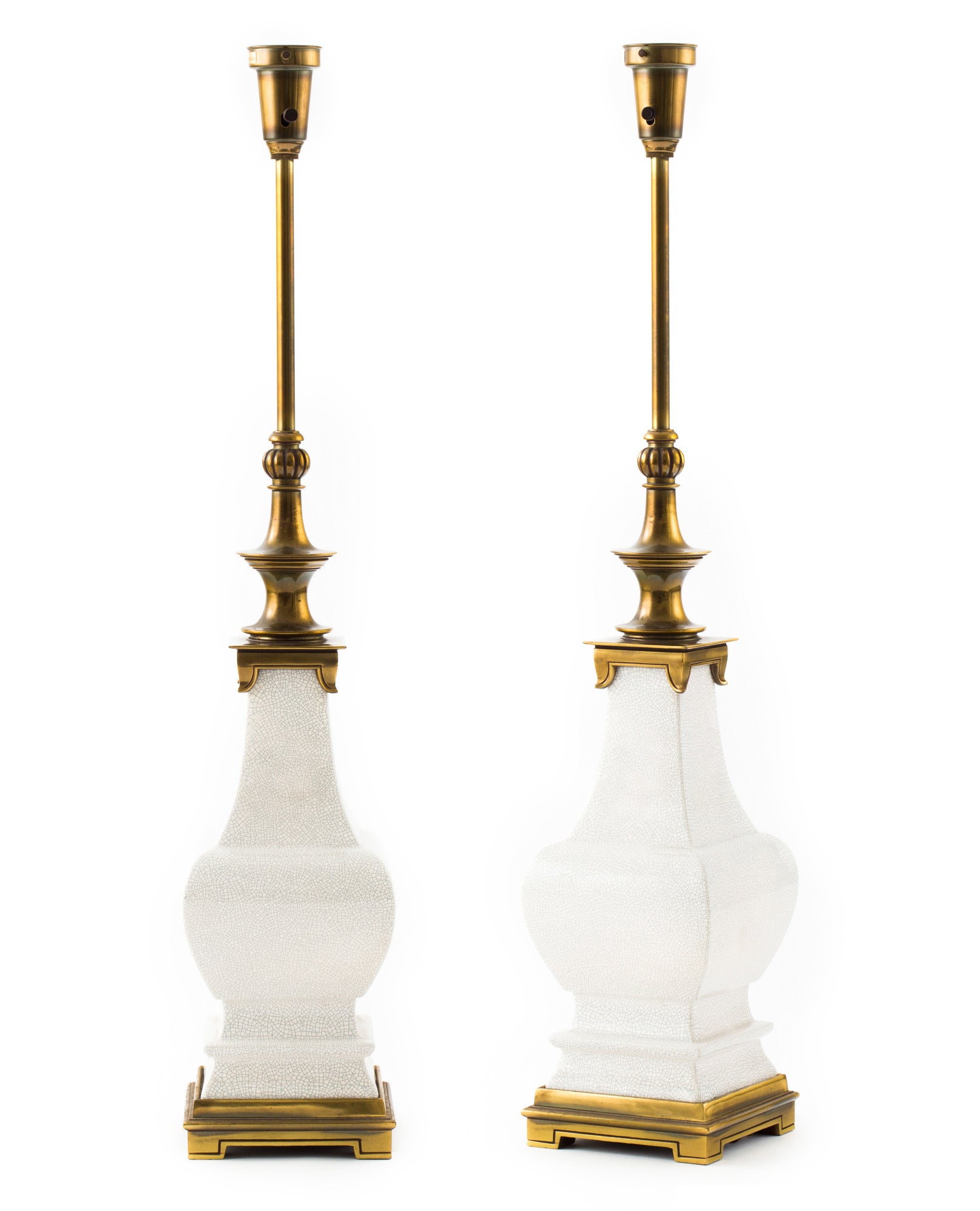 Hollywood Regency White Craquelure Ceramic and Brass Lamps 