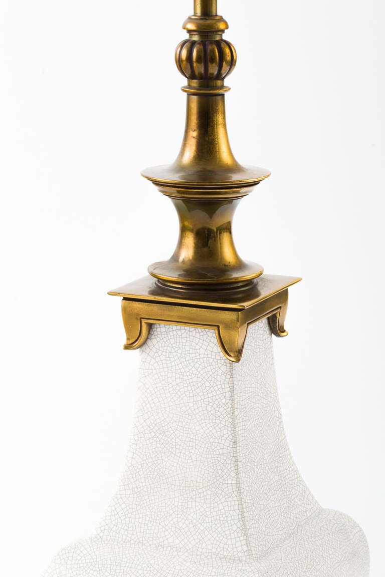 Mid-Century Modern Hollywood Regency White Craquelure Ceramic and Brass Lamps  For Sale