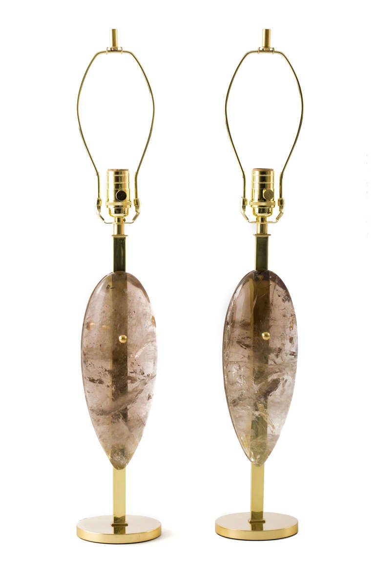 Pair of handcrafted smoke quartz crystal teardrop lamps with brass base and fittings. May be custom ordered in additional finishes, satin nickel, brushed nickel, or chrome.