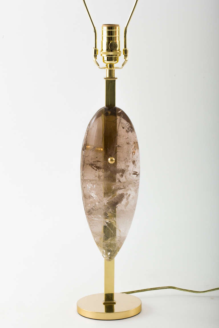 Contemporary Smoke Quartz Crystal and Brass Teardrop Lamps