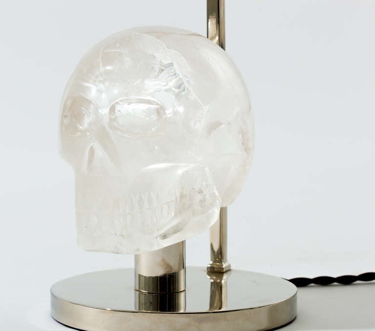 Mid-Century Modern Pair of Nickel and Rock Crystal Skull Lamps
