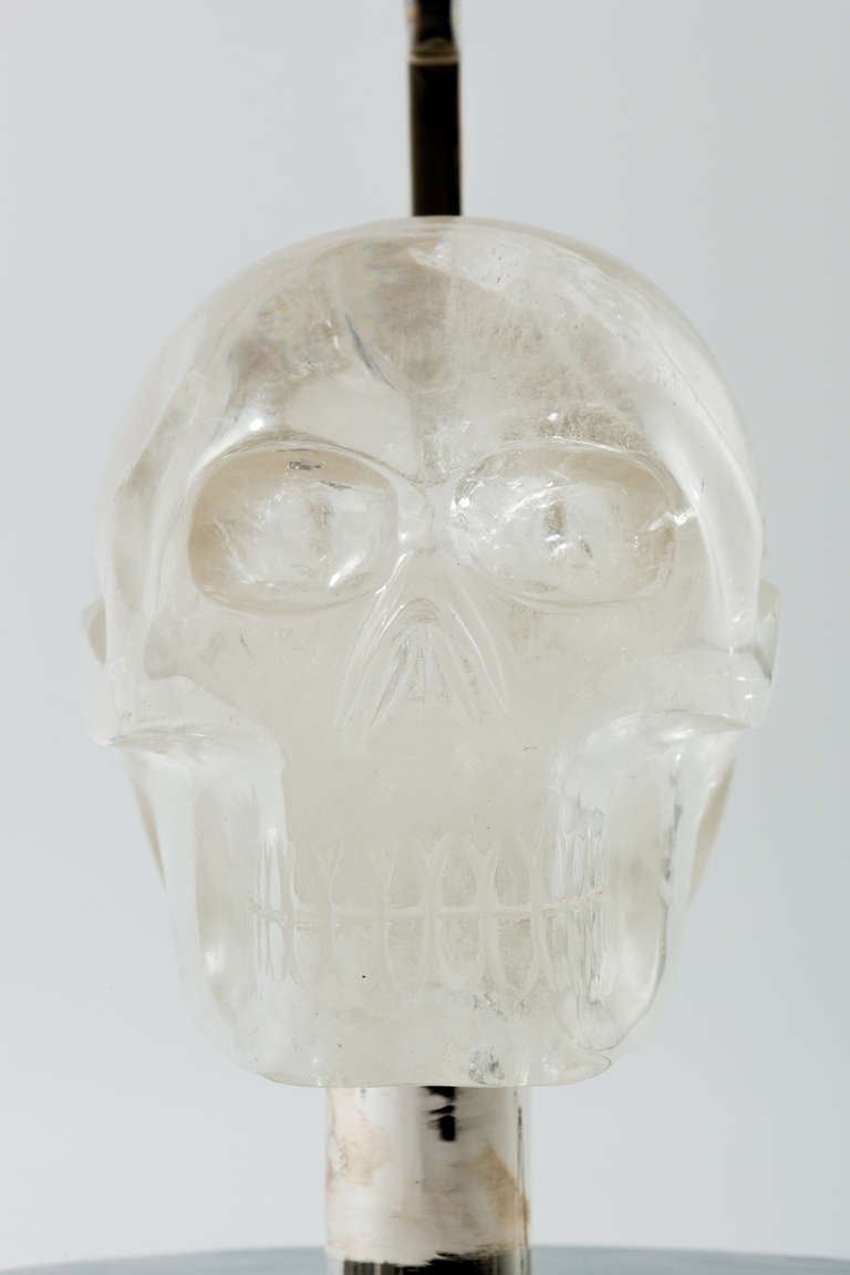 Carved Pair of Nickel and Rock Crystal Skull Lamps