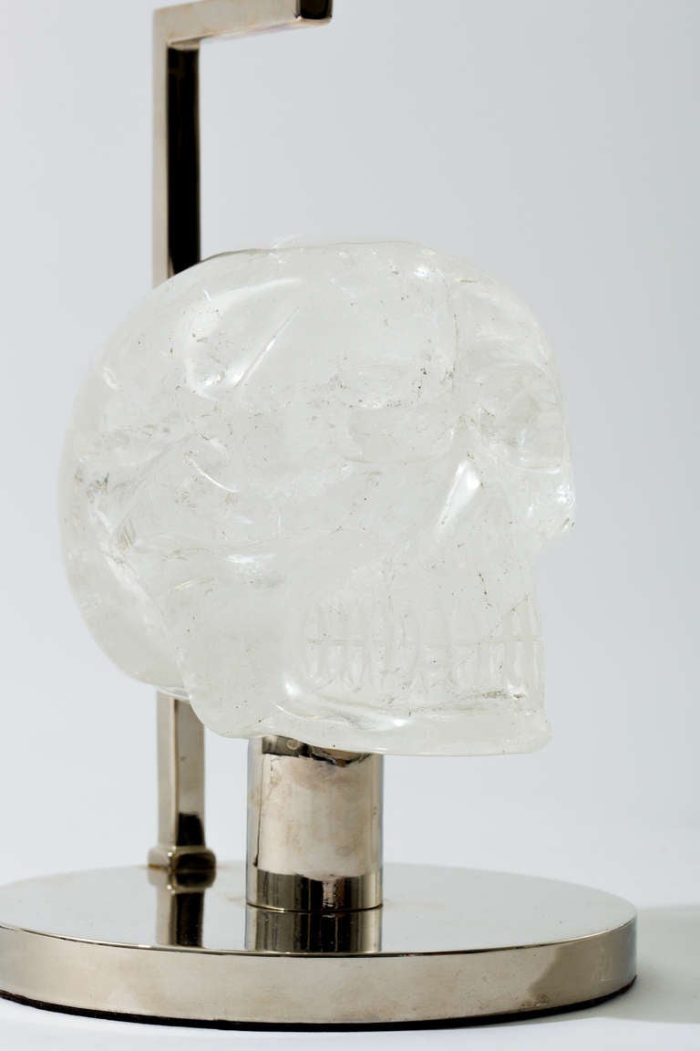 Contemporary Pair of Nickel and Rock Crystal Skull Lamps