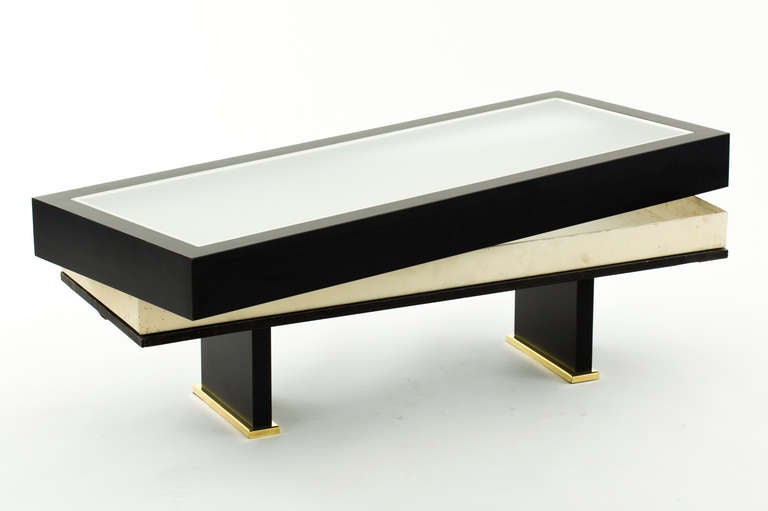 Mid-Century Modern French 1960s Shadowbox Coffee Table with Brass Detail For Sale