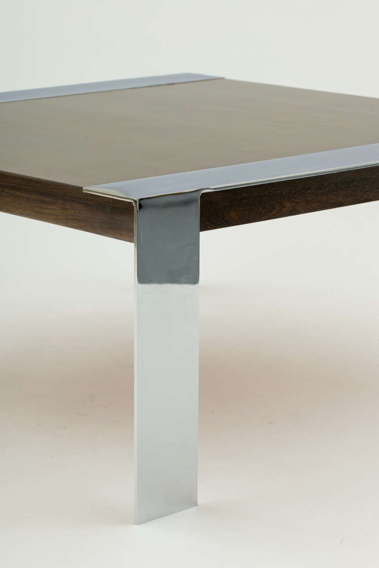 Milo Baughman Style Walnut And Chromed Steel Square Coffee Table In Good Condition In New York, NY