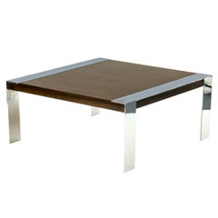 Milo Baughman Style Walnut And Chromed Steel Square Coffee Table