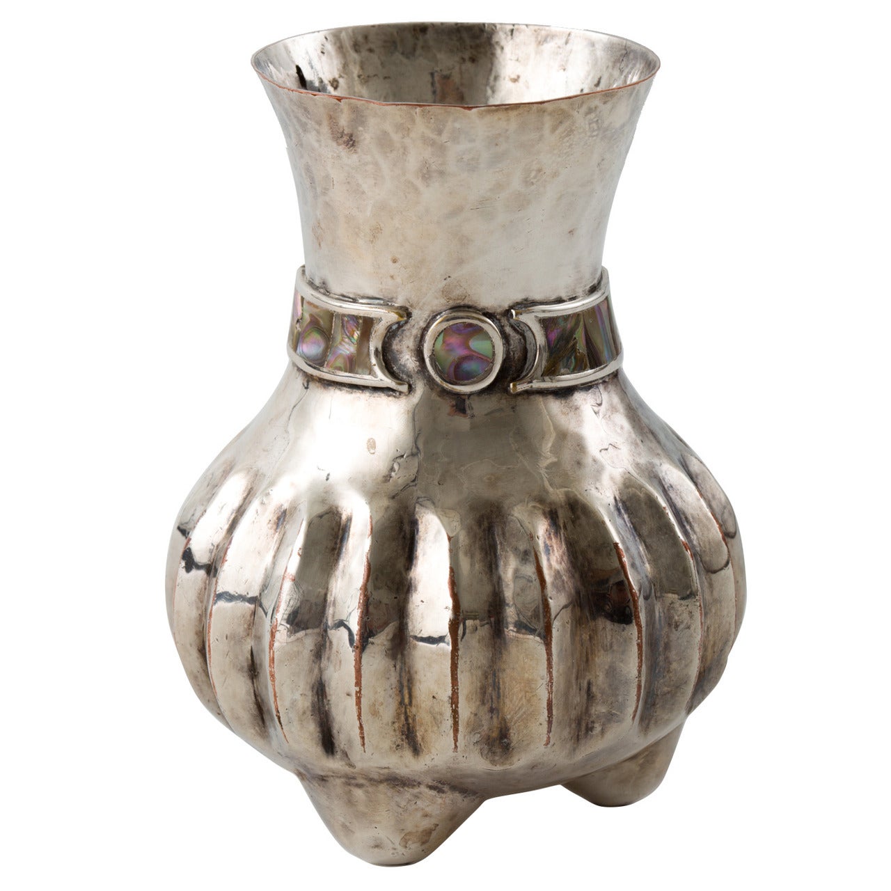 Los Castillo Silver over Copper Hand-Wrought Melon Vase