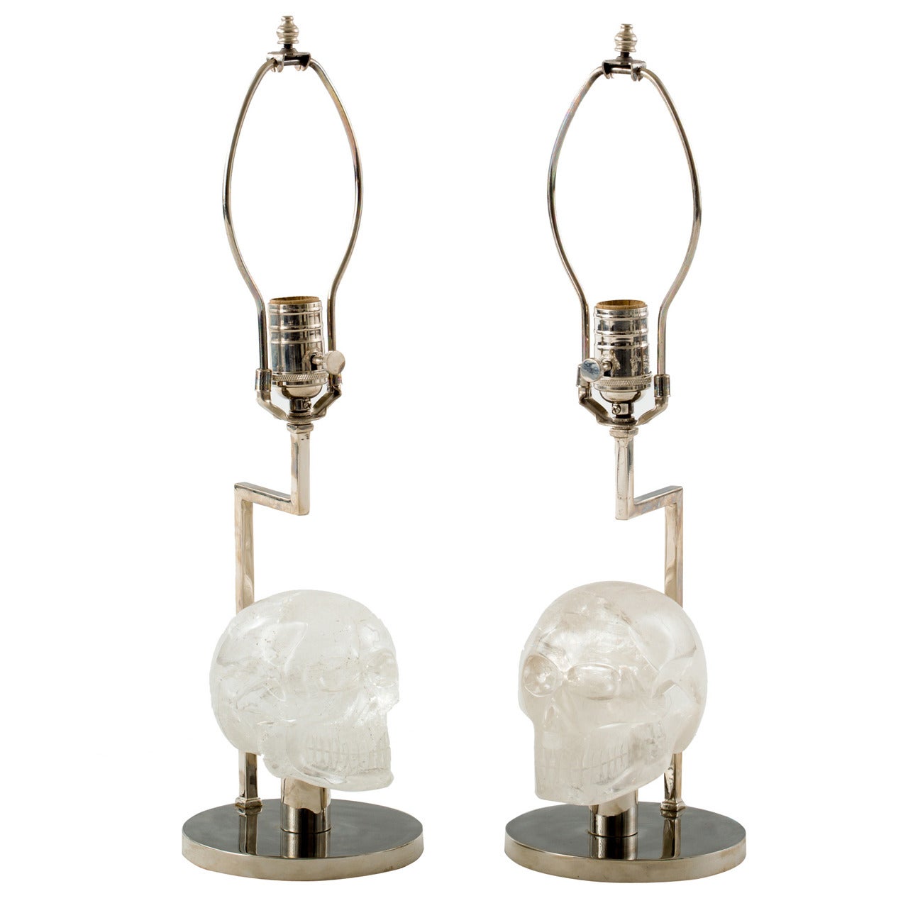 Pair of Nickel and Rock Crystal Skull Lamps