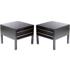 Baker Ebonized Lamp Tables w/ Horizontal Brass Pulls
