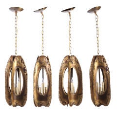 1960's Brutalist Patinated Brass Pendant Lamps by Tom Greene