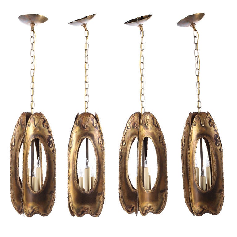 1960
s Brutalist Patinated Brass Pendant Lamps by Tom Greene