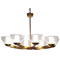 Vintage 1960
s Brass and Engraved Glass Chandelier