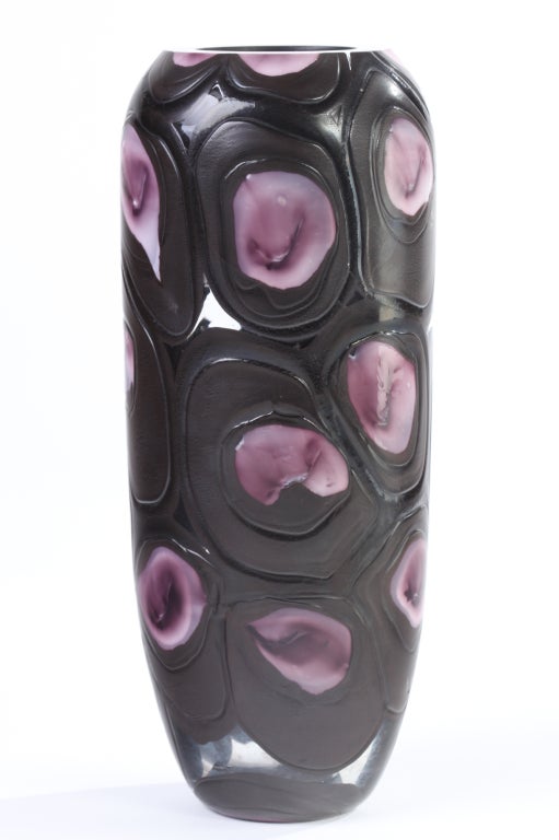 Large handblown nerox glass with applied murrhines vase, by Ermanno Toso for Fratelli Toso, Murano, Italy, circa 1960s.
