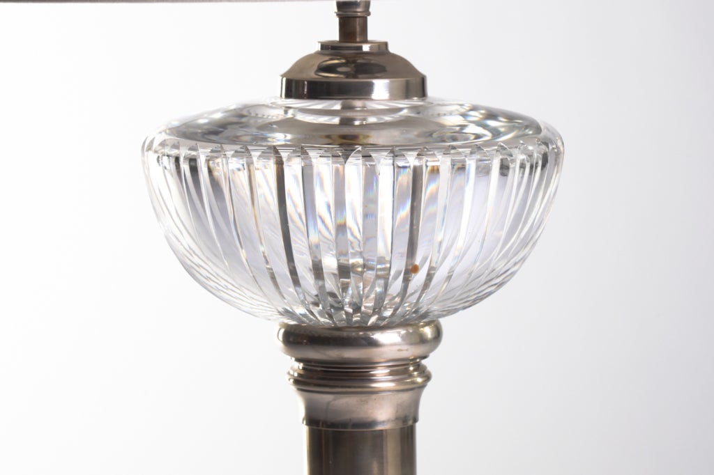 Hollywood Regency French Nickel and Cut-Glass Torchiere Lamps