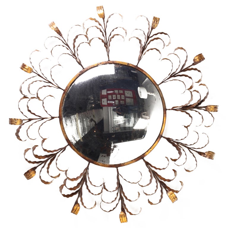 Gilt Metal Leaf Sunburst Convex Mirror