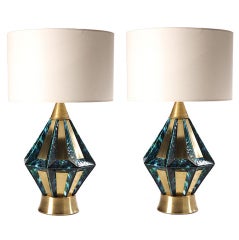 Turquoise Blue Ceramic Lamps with Brass Appliques, 1960s