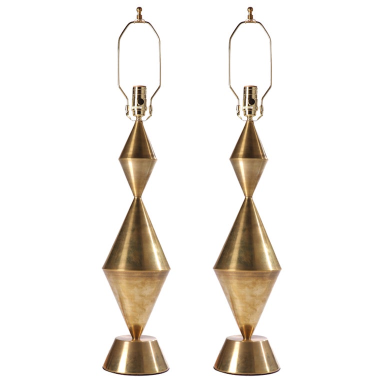 Pair of Conical Sculpture Brass Lamps