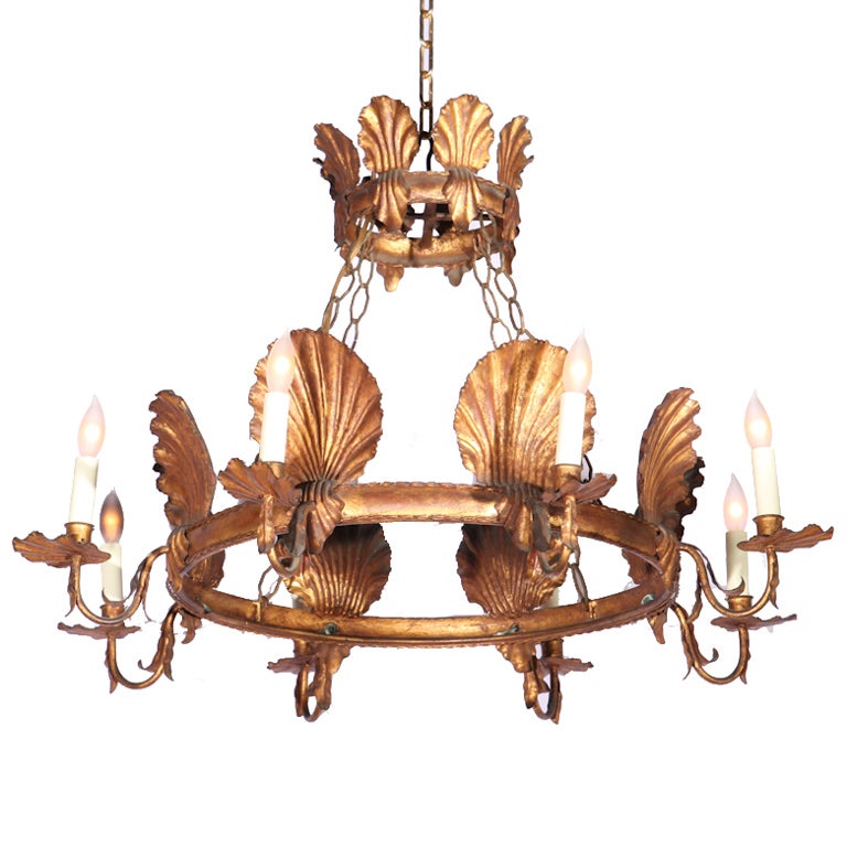 Italian Gilt Metal Seashell Chandelier W/ Crown Canopy