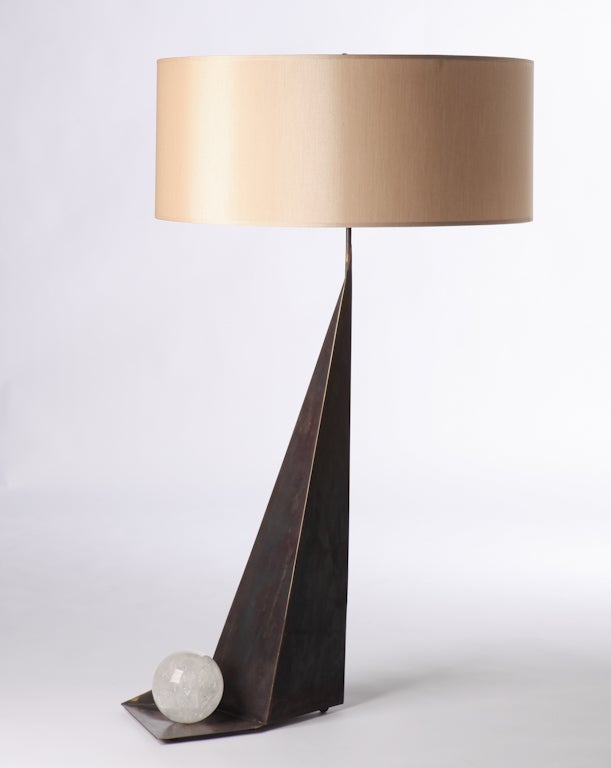 Contemporary Asymmetric Rock Crystal Patinated Brass Lamps