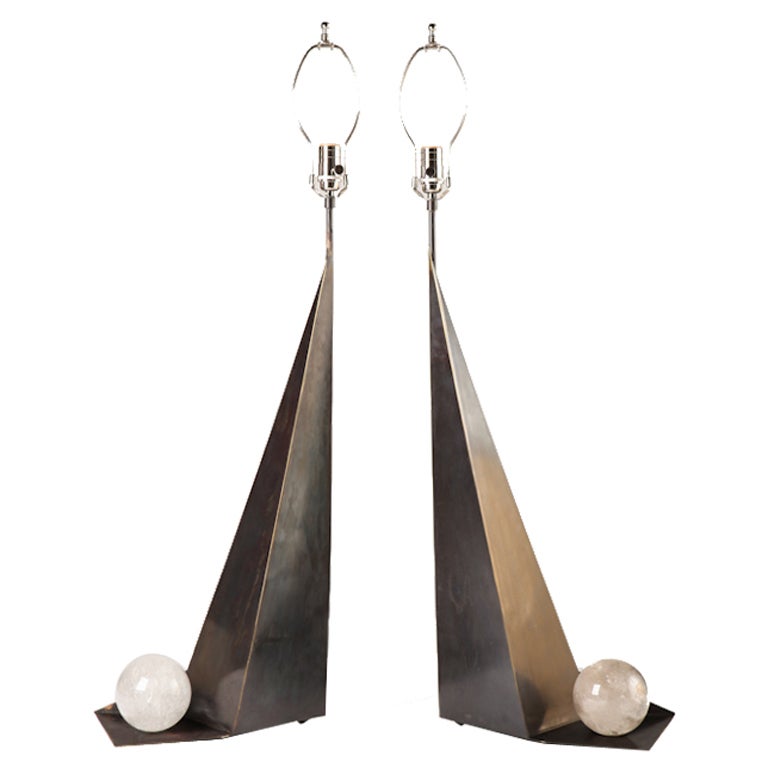 Asymmetric Rock Crystal Patinated Brass Lamps