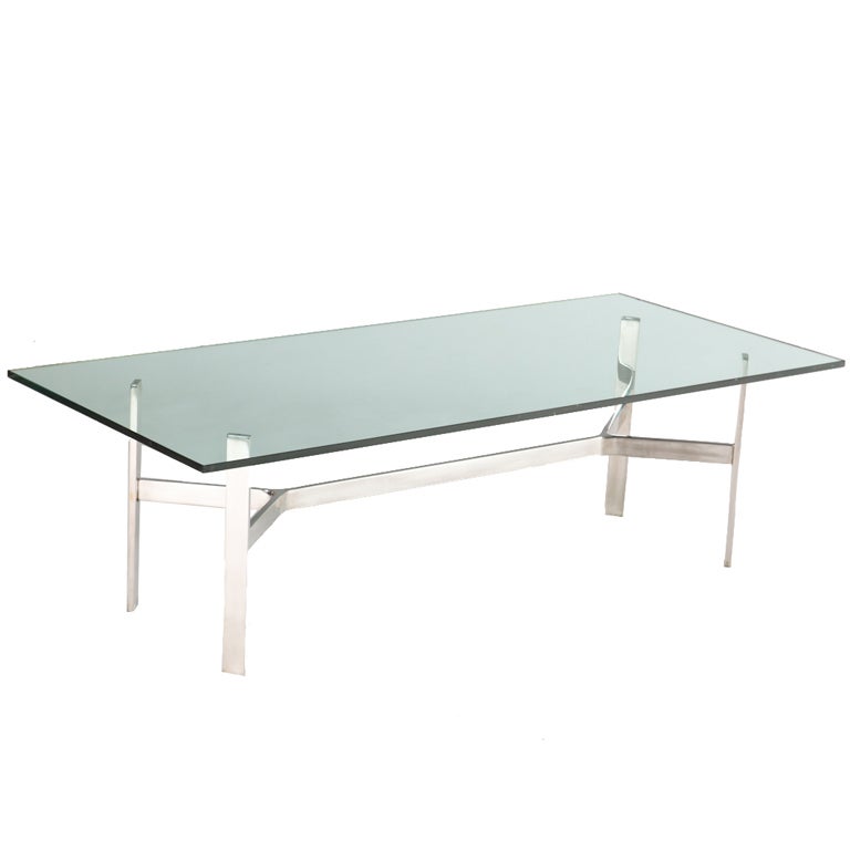 Table basse rectangulaire en nickel et verre