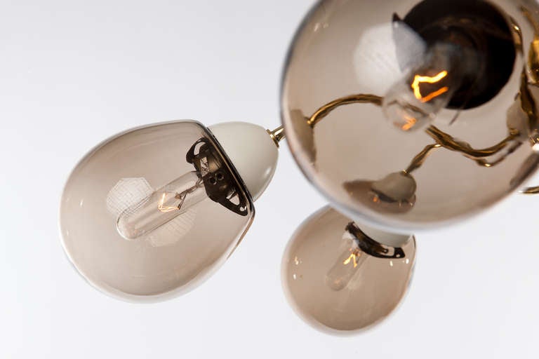 Mid-Century Modern German Smoke Glass and Brass Chandelier