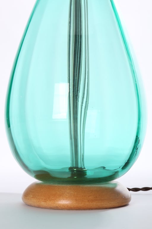 Mid-Century Modern Green Blenko Blown Glass Lamp with Glass Finial For Sale