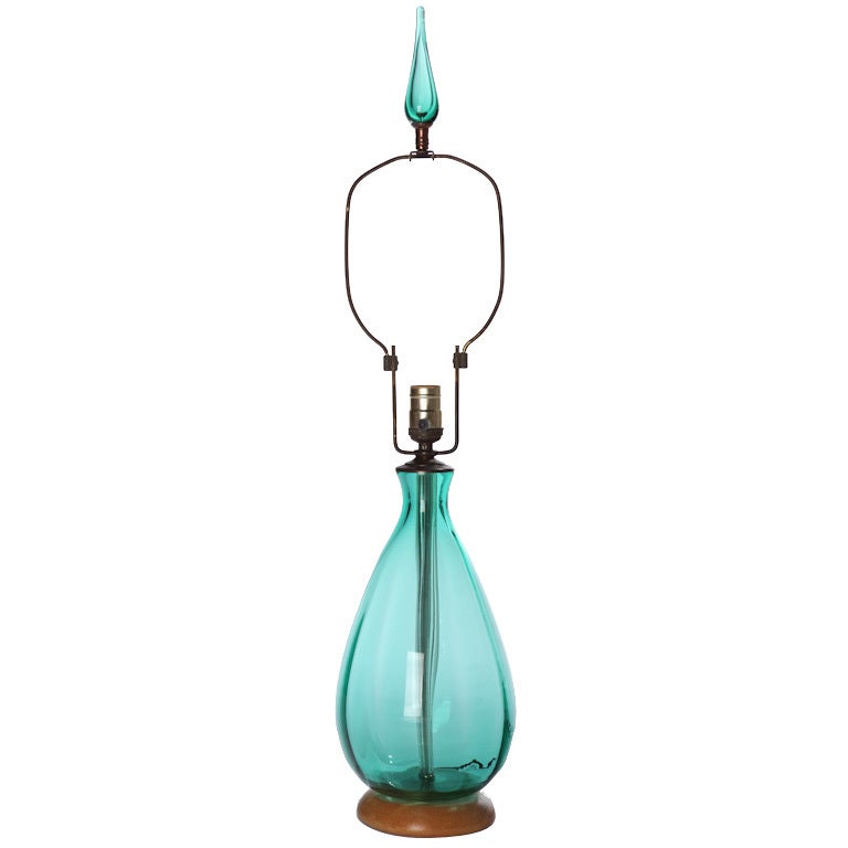 Green Blenko Blown Glass Lamp with Glass Finial For Sale