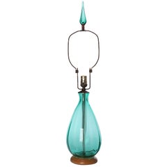 Vintage Green Blenko Blown Glass Lamp with Glass Finial