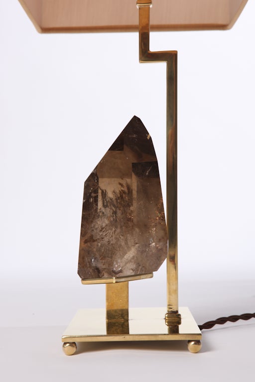 Mid-Century Modern Smoky Quartz Rock Crystal and Brass Lamps