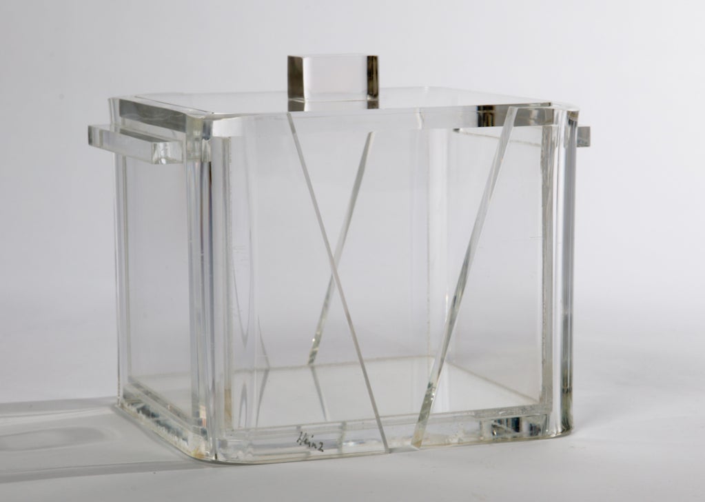 1970s Art Deco geometric Lucite ice bucket has inner Lucite liner for ice and Lucite top. Signed Heinz.