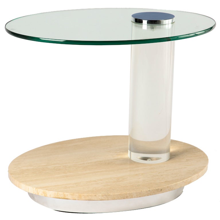 Oval Travertine and Lucite Side Table / Bar Cart