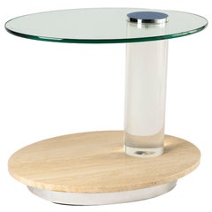 Oval Travertine and Lucite Side Table / Bar Cart