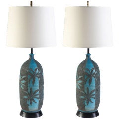 Pair of 1960s Turquoise Floral Plaster Lamps