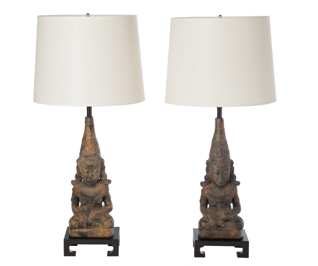 Pair of Asian Figural Lamps After James Mont For Sale