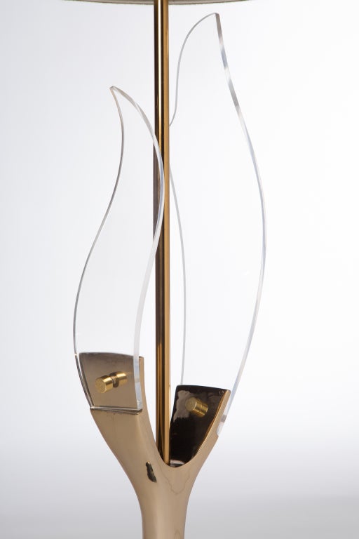  Lucite and brass sculptural lamp with tulip base by Laurel Lighting Company, c. 1970. Brass rod and hardware.
Shade not included. 