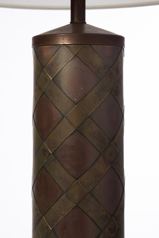 Copper column lamp with applied brass weave. Beautiful original patina and copper ring finial.