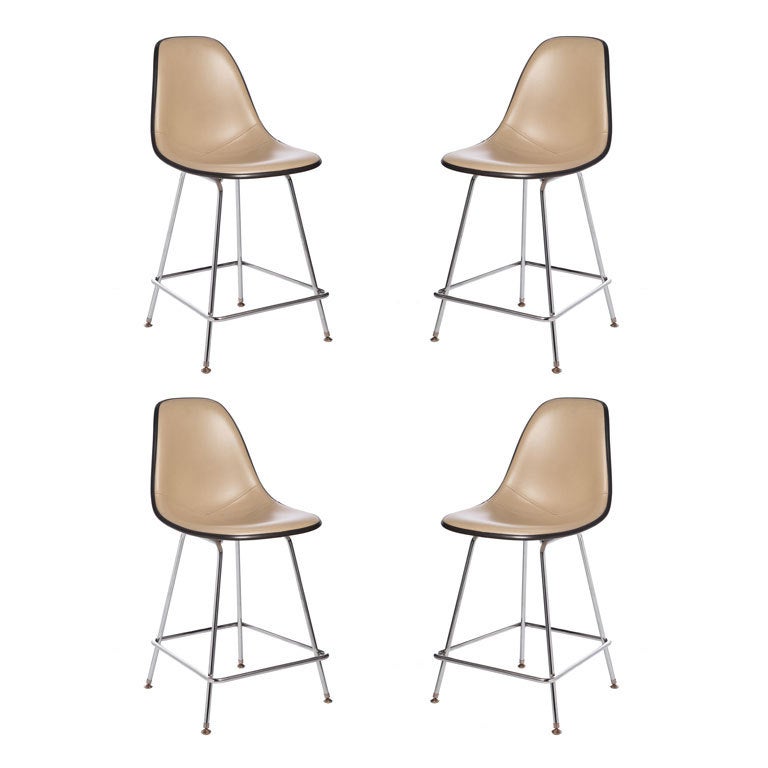 Charles Eames Leather Upholstered Fiberglass Bar Stools
