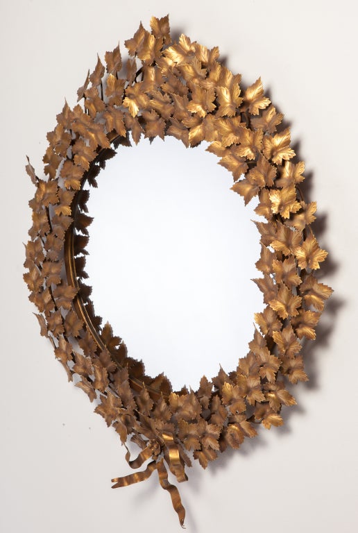 Italian 1950's Bronzed Metal Laurel Shape Mirror In Good Condition In New York, NY