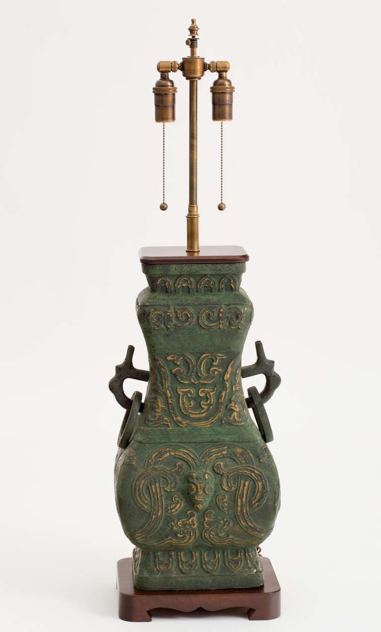 Mid-Century Modern Verdigris Bronzed Metal Chinese Urn Lamps