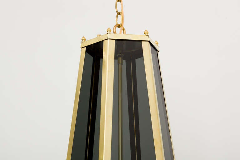 Mid-Century Modern Smoke Glass Panel Brass Pendant Chandelier