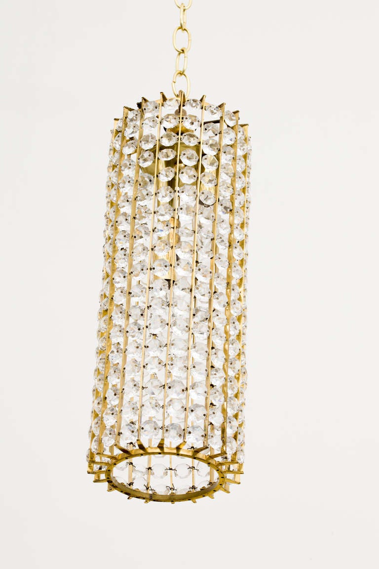 Brass 1960s German Faceted Crystal Pendant Chandelier