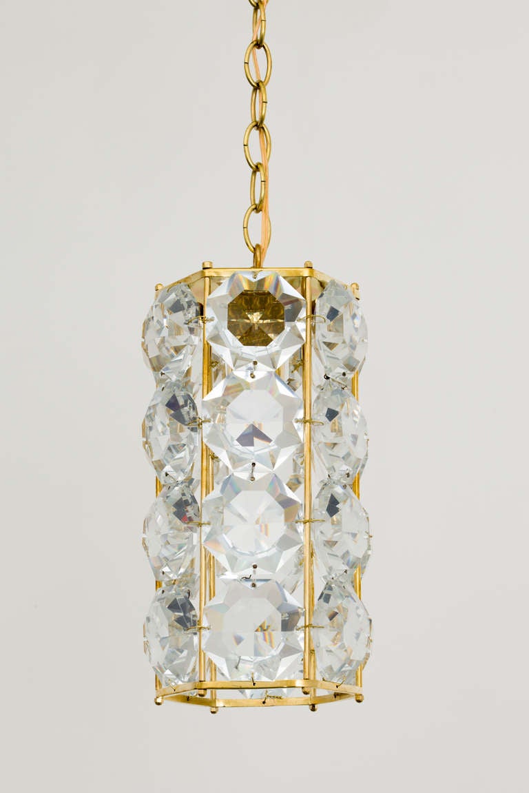 Mid-Century Modern German 1960s Gilt Brass and Hexagonal Crystal Chandeliers