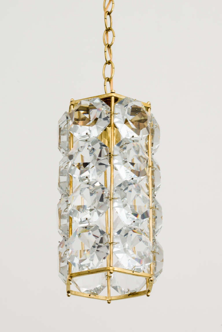 Molded German 1960s Gilt Brass and Hexagonal Crystal Chandeliers