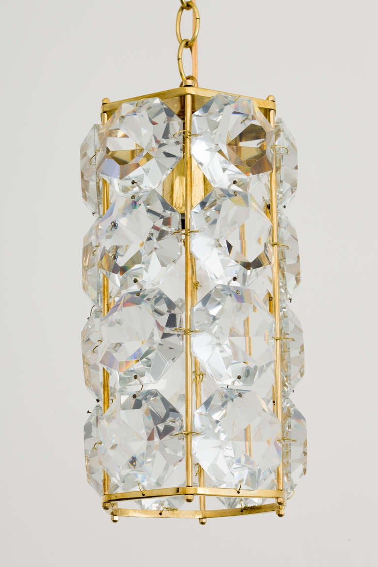 German 1960s Gilt Brass and Hexagonal Crystal Chandeliers In Good Condition In New York, NY