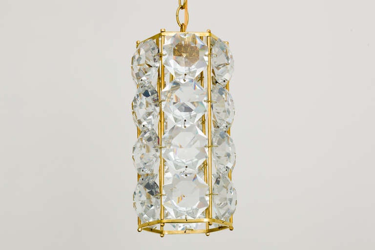 20th Century German 1960s Gilt Brass and Hexagonal Crystal Chandeliers