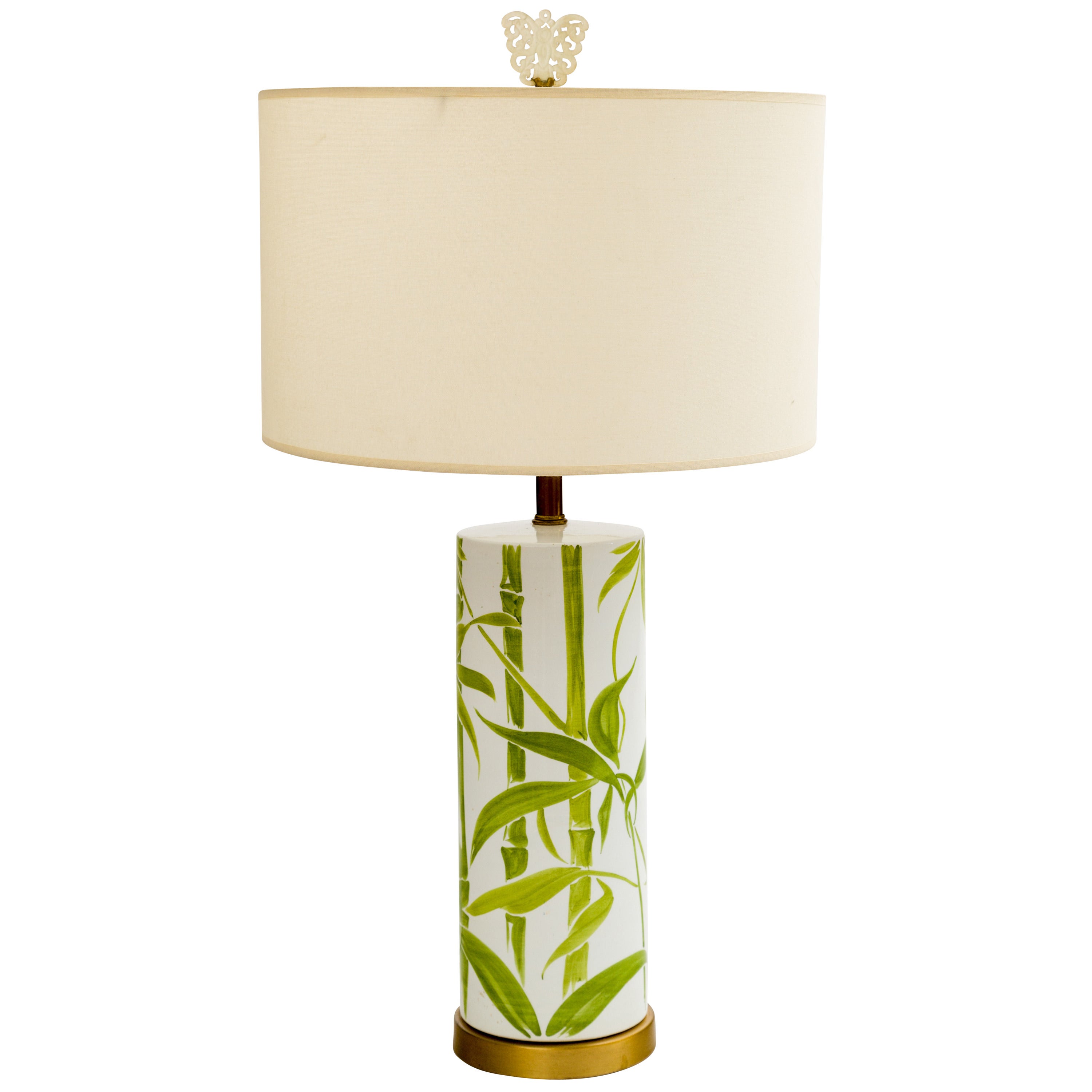 Lampe italienne en céramique de bambou des années 1960 avec fleuron en jade chinois ancien en vente