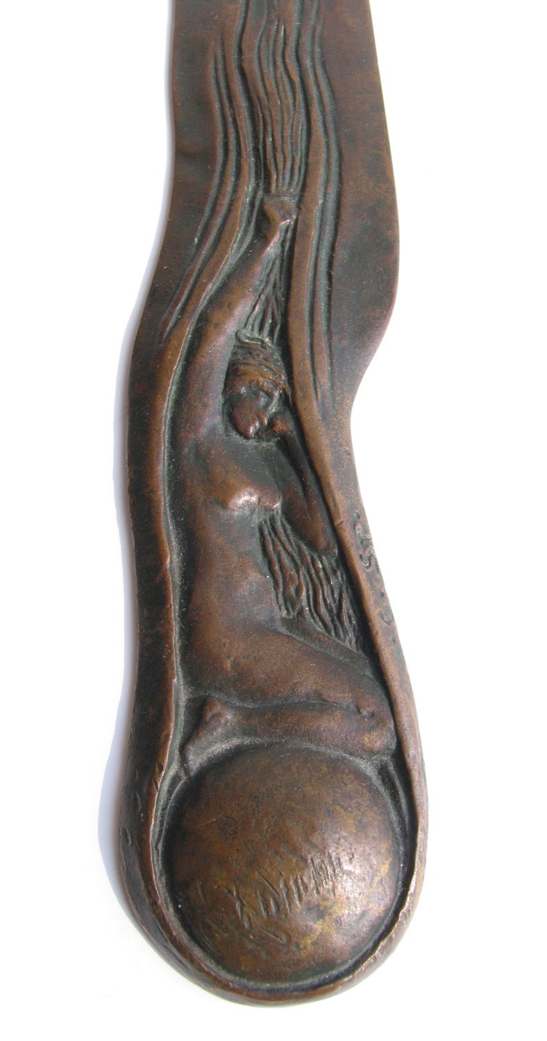 Large original Jugendstil cast bronze figural nude letter opener, by symbolist artist Curt Stoeving, Germany, circa 1903. Relief representation of young woman kneeling on sphere, surrounded by flames. Signed, C. ST.
