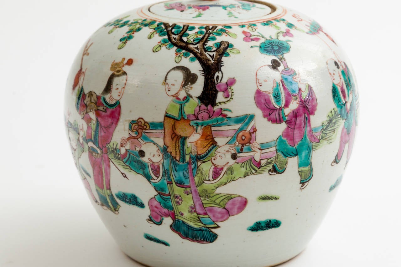 Antique 19th century Chinese Famille rose ceramic ginger jar. Hand-painted with scene of royal couple with attendants celebrating a festival. Beautiful painting of two children on cover lid.